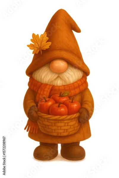 Fototapeta Autumn Gnome with Basket of Apples on Warm Background,clipart, cut out, no background,PNG die-cut for advertising