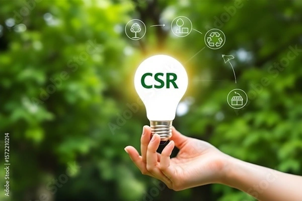 Fototapeta CSR Concept: Hand Holding Light Bulb with CSR Text & Green Icons - Corporate Social Responsibility Image