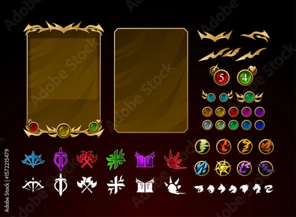 Fototapeta ancient myth medieval golden fantasy trading card game tcg template full customizable with elements, animal, class role icon