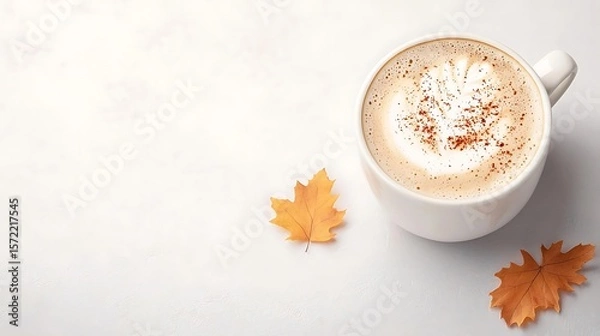 Fototapeta Autumn Coffee and Maple Leaves on White Background