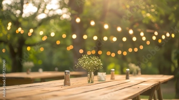 Fototapeta Outdoor Rustic Table with String Lights Ambiance
