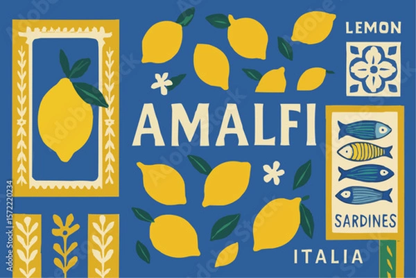 Fototapeta A vintage vector illustration set of restaurant menu design elements, including food icons and retro labels, ideal for a summer or holiday business sale banner