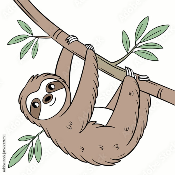 Obraz Brown sloth hanging on tree branch with green leaves animal