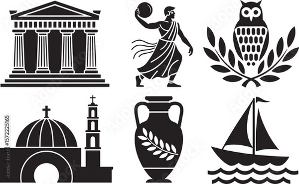 Fototapeta Ancient Greek elements vector with temple discus thrower owl amphora ship and church