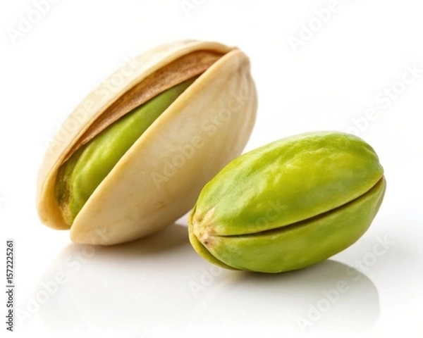 Fototapeta Two green pistachios one shelled and one unshelled isolated on white background