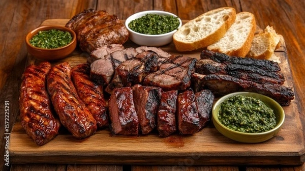 Fototapeta Traditional Argentine dish with assorted grilled meats including ribs, chorizo, and short ribs, cooked over open flame, served with chimichurri sauce and rustic bread on a wooden table.