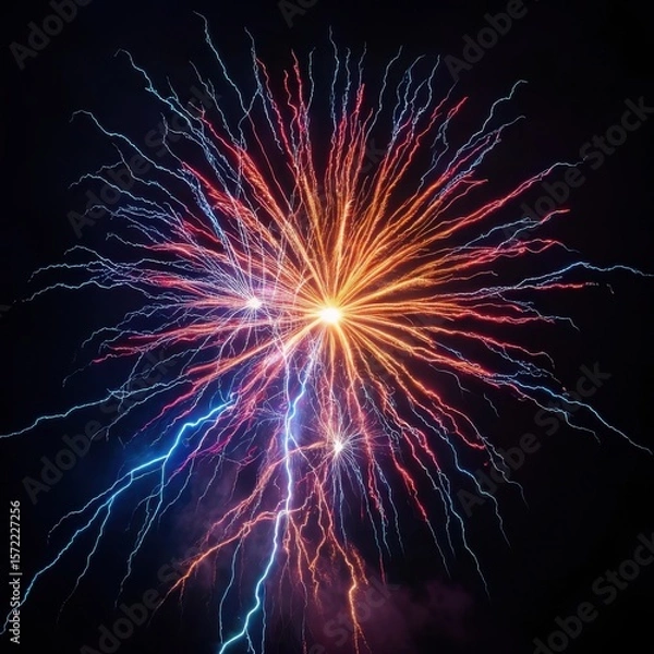 Fototapeta Vibrant fireworks display illuminating the night sky with red and blue streaks isolated on white background