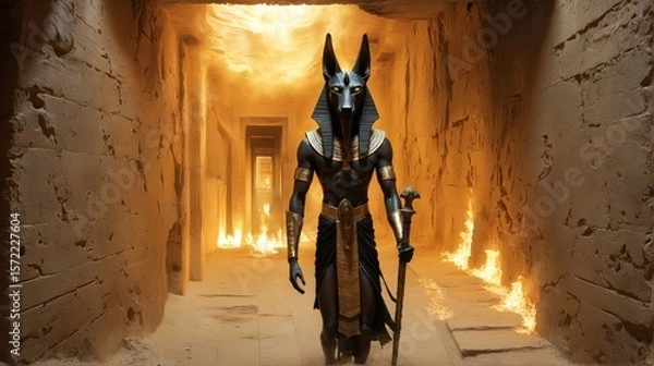 Fototapeta Anubis, the god of the underworld, walks through blazing temple corridors as fire and shadow dance in divine judgment. Anubis returns from the beyond. 1