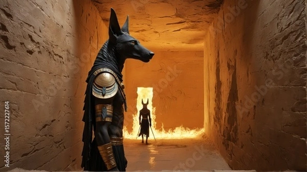 Fototapeta Anubis, the god of the underworld, walks through blazing temple corridors as fire and shadow dance in divine judgment. Anubis returns from the beyond. 2