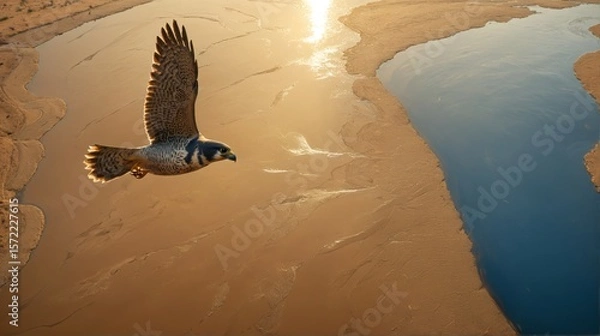 Fototapeta A powerful falcon glides effortlessly above a winding desert river at sunrise, capturing the essence of grace and freedom in flight.  Nile. Egypt. 1