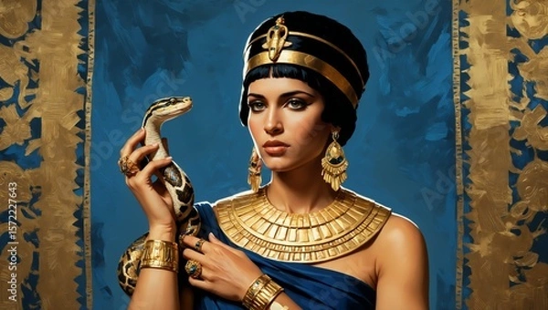 Fototapeta A majestic Egyptian queen draped in royal blue and gold, holding a serpent with commanding grace and symbolic power. Cleopatra. 1