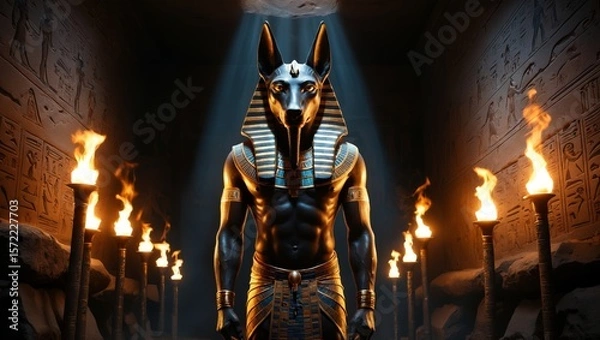 Fototapeta Anubis stands tall in a sacred torch-lit tomb, evoking ancient Egyptian power, divine mystery, and mythological symbolism in shadow and flame. 1