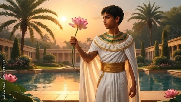 Fototapeta A serene Egyptian prince in golden attire stands in a lush palace garden at sunset, holding a blooming lotus in tranquil reflection. Egypt’s young elite. 1