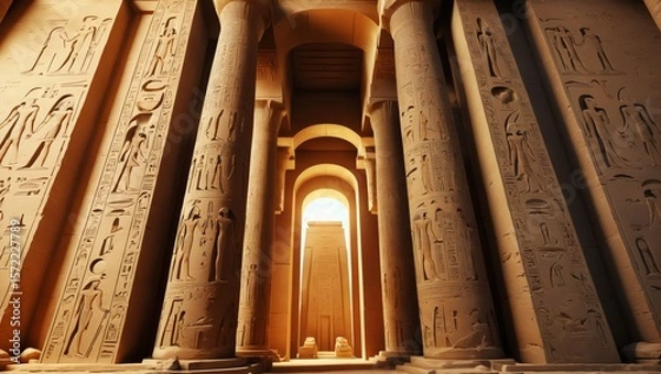 Fototapeta Majestic sandstone pillars of an ancient Egyptian temple illuminated by golden sunlight, showcasing sacred hieroglyphs and timeless architectural mastery. 2