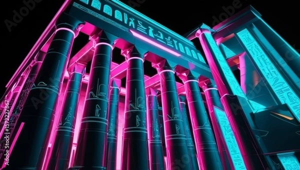 Fototapeta A dazzling neon-lit Egyptian temple reimagined in cyberpunk style, blending ancient mysticism with futuristic color and electric grandeur. Vibrant columns and glowing hieroglyphs. 3