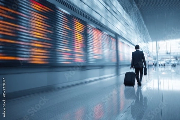 Obraz Business Traveler Walking in Modern Airport Terminal with Motion Blur