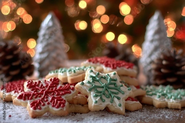 Obraz Festive Christmas Sugar Cookies with Colorful Icing Decorations