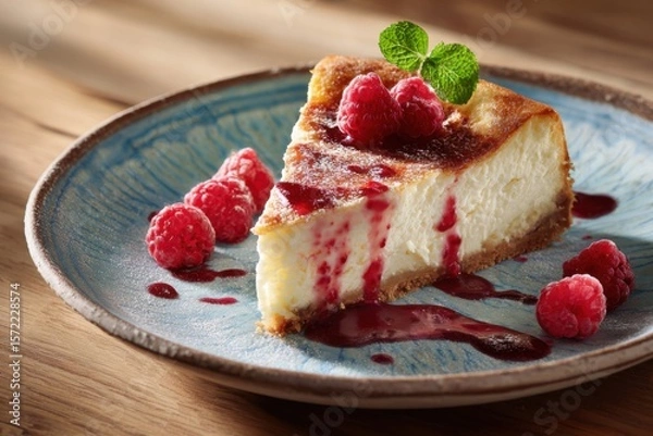 Obraz Delicious Cheesecake Slice with Raspberries and Mint Garnish