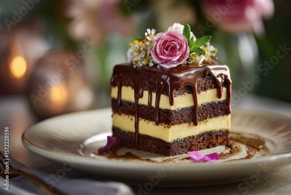 Obraz Delicious Chocolate Cake with Floral Garnish and Soft Background