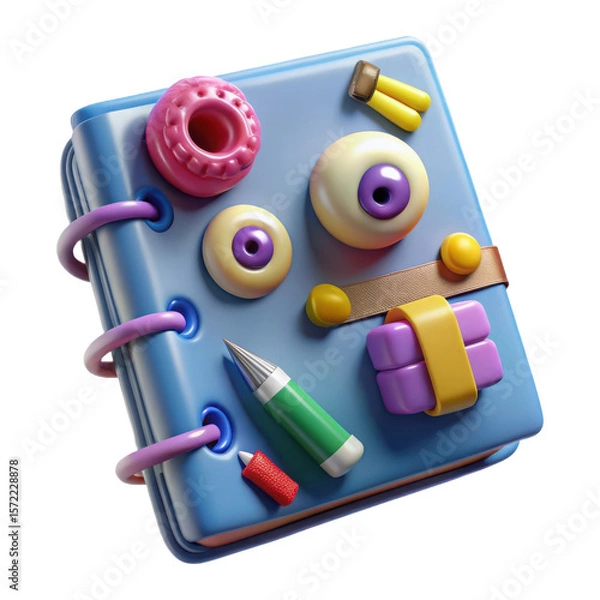 Fototapeta Whimsical 3d rendering of a blue notebook with playful school supplies isolated on transparent background