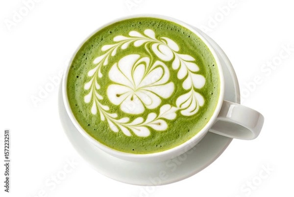 Fototapeta Green matcha latte with white foam art in a white cup green drink latte art