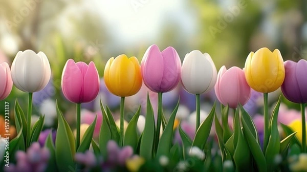 Fototapeta Garden with vibrant tulips in a range of colors, touched by soft spring rays, petals shining under sunlight, creating a colorful sea in the flower beds.