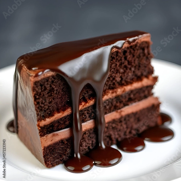 Fototapeta Delicious Chocolate Cake Slice – Sweet Dessert with Cream and Icing Isolated on White Background

