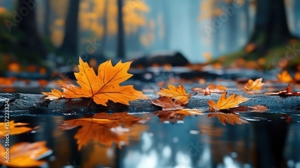 Fototapeta Quiet stream in the forest with floating autumn leaves, bright colors mirrored in the still water, surrounded by trees.