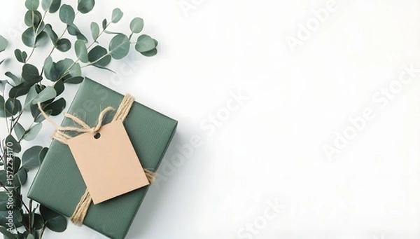 Fototapeta Top view of a holiday gift box with a green plant and tag on a clean white background. Perfect for minimalist promotions or seasonal banners.


