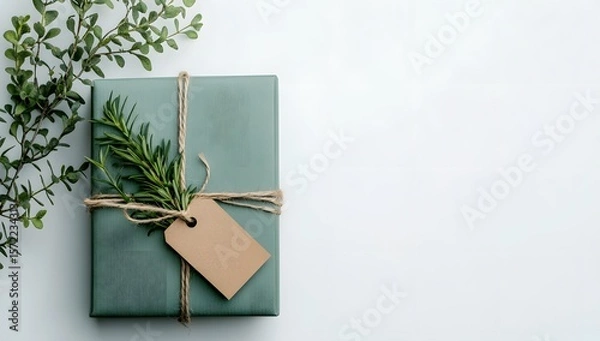 Fototapeta Flat lay of a green gift box with a brown tag and green plant on white background. Minimal holiday banner with copy space and natural light.

