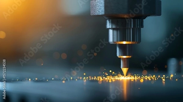 Fototapeta CNC Machining Precision, Sparks Fly During Metal Cutting
