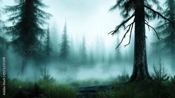 Fototapeta Woodland view with trunks of fir trees winding through mist in a quiet and eerie atmosphere.