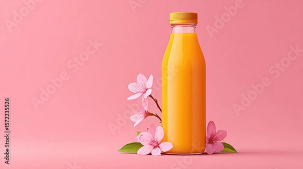 Obraz Refreshing orange juice bottle surrounded by pink blossoms vibrant background drink photography bright and cheerful environment close-up view beverage concept