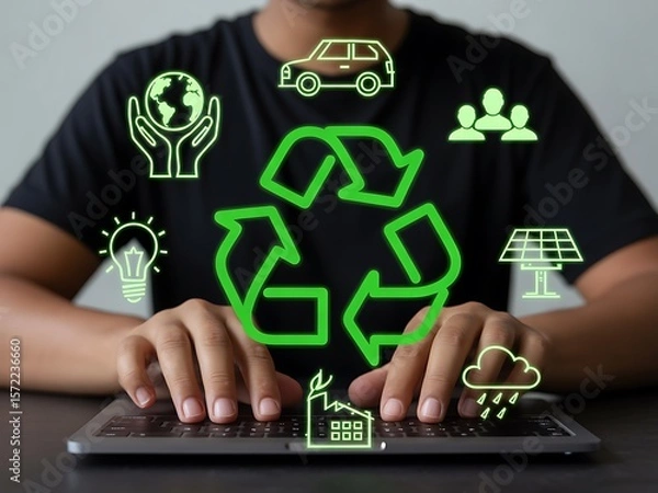 Obraz Person interacting with environmental icons on a laptop recycling