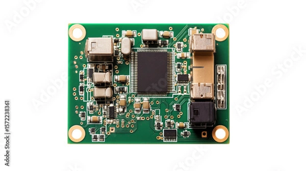 Fototapeta A detailed view showcasing a green electronic circuit board with components isolated on transparent background