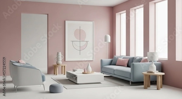 Obraz Serene Minimalist Living Room Design Blush Pink and Light Blue