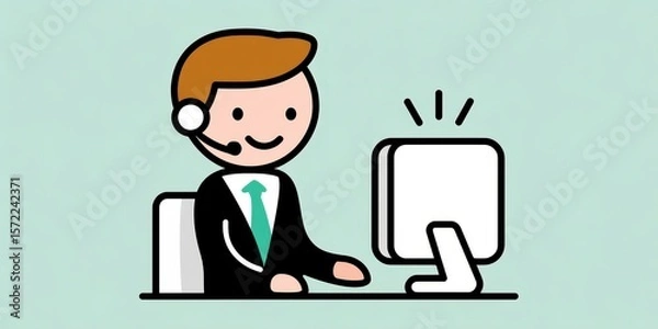 Fototapeta Line Art Illustration of Male Operator at Computer