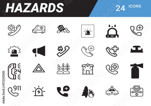 Fototapeta Emergency Icon Collection: A curated set of icons representing various emergency scenarios, essential for visual communication in safety, disaster preparedness, and public service information. 