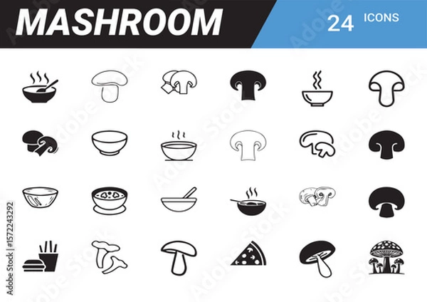 Fototapeta Mushroom Icon Collection: A comprehensive set of 24 meticulously crafted icons, capturing the essence of mushrooms in diverse forms, perfect for culinary, food, and design projects.