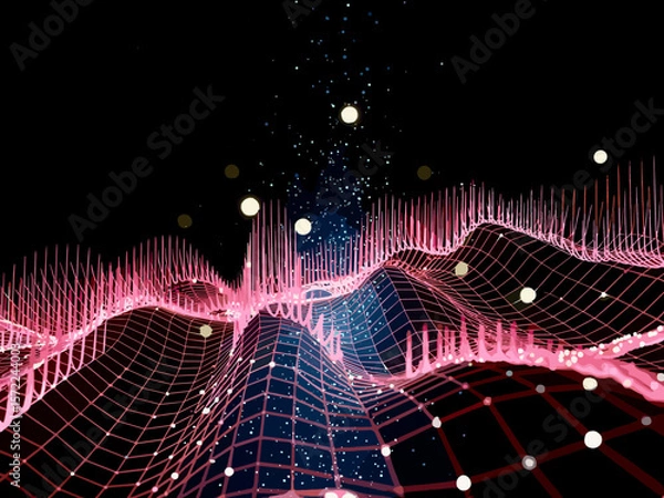 Fototapeta Futuristic Pink Wireframe Wave with Particles on Black Background