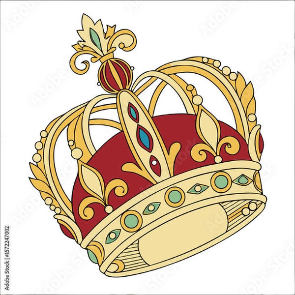 Fototapeta An ornate, golden crown with intricate floral patterns, adorned with precious gems, set against a deep red background.
