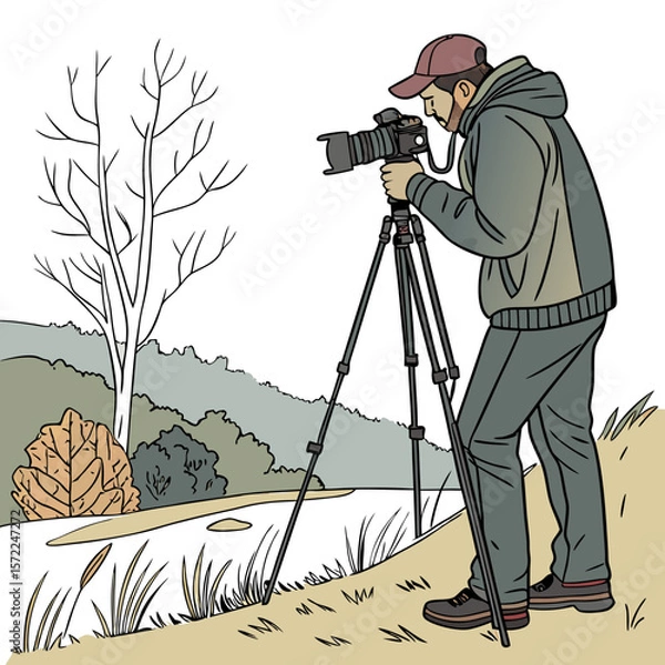 Fototapeta a man holding a camera on a tripod, in a natural landscape with trees, bushes, and rocks, detailed digital illustration, highly realistic, cinematic, 8k, hyperrealistic
