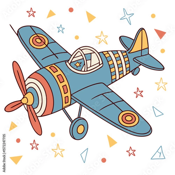 Fototapeta cartoon, illustration, colorful, vintage toy airplane, playful, whimsical, retro style, geometric shapes, stars, triangles, vibrant colors, playful aesthetic, hand-drawn, childlike, dynamic compositio