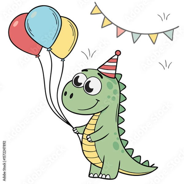 Fototapeta cartoon dinosaur, party hat, colorful balloons, celebration, cute, whimsical, digital art, vibrant colors, playful, joyful
