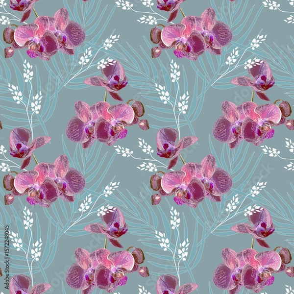 Fototapeta Seamless tropical pattern with orchids on a gray background.