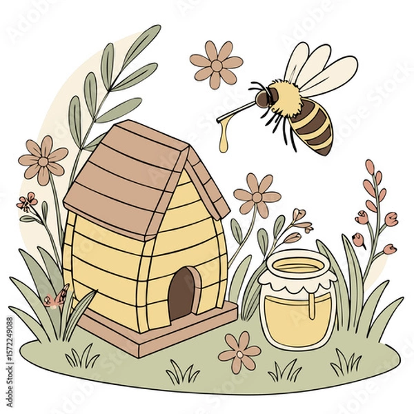 Fototapeta cozy_beehive, honey_pot, wildflowers, buzzing_bee, lush_greenery, cute_illustration, whimsical_nature_scene, hand-drawn_style, soft_colors, enchanting_landscape
