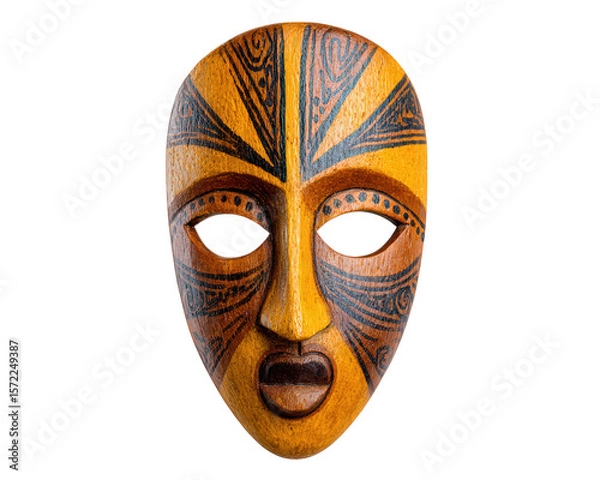 Fototapeta Hand painted wooden mask with intricate tribal patterns, orange and black color, cultural artifact, traditional design, expressive face, isolated on transparency background