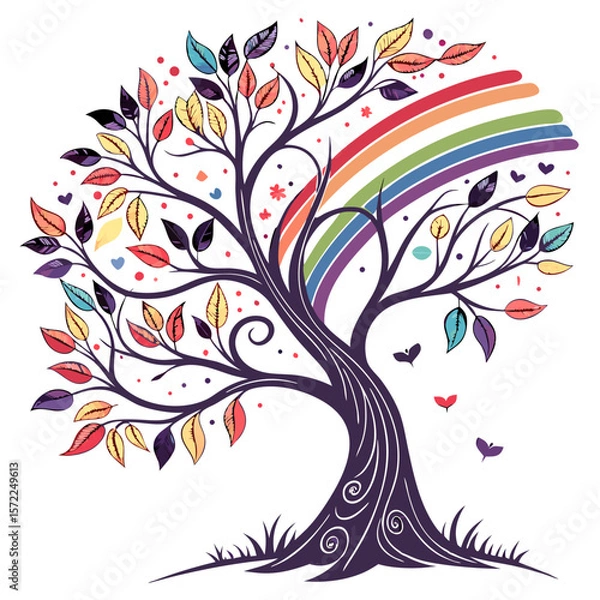 Fototapeta colorful tree, whimsical design, abstract foliage, rainbow leaves, ornate branches, stylized nature, digital illustration, fantasy art, decorative tree
