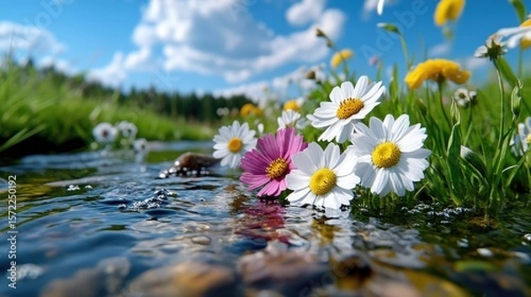 Fototapeta Clear water flows gently through a field of colorful blossoms, reflecting the bright sky above.