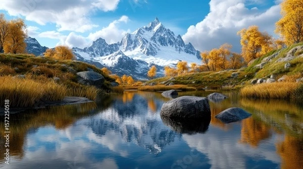 Fototapeta Majestic mountain tops reflected in still water, creating a tranquil and calm view.